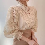 New Women's Long Sleeve High Neck  Chic Blouse, Lace Paneled Hollow Sleeve Elegant Top, Vintage Fashion Office Lady Outfits - Image 12
