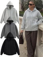 HH 2026 Casual Women's Soild Zipper Hoodie Long Sleeve Big Pocket Zipper Jacket With Hood Female Loose Outerwear Coat Tops